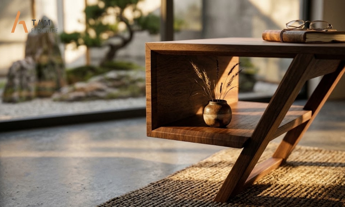 Bàn sofa gỗ Kami tôn vinh vật liệu mộc mạc của gỗ tự nhiên