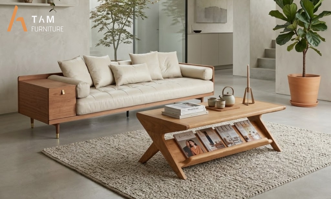 bàn sofa gỗ tần bì zigzag cho không gian sang trọng
