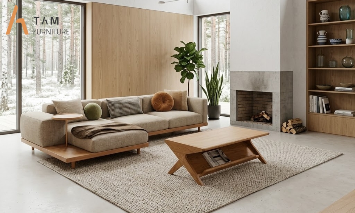 bàn sofa gỗ tần bì zigzag tinh tế