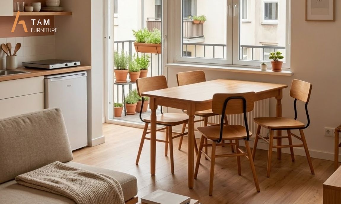 bộ bàn ăn gỗ zesty trong căn phòng diện tích nhỏ