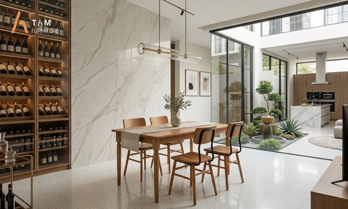 bộ bàn ăn gỗ zesty trong phòng bếp diện tích lớn