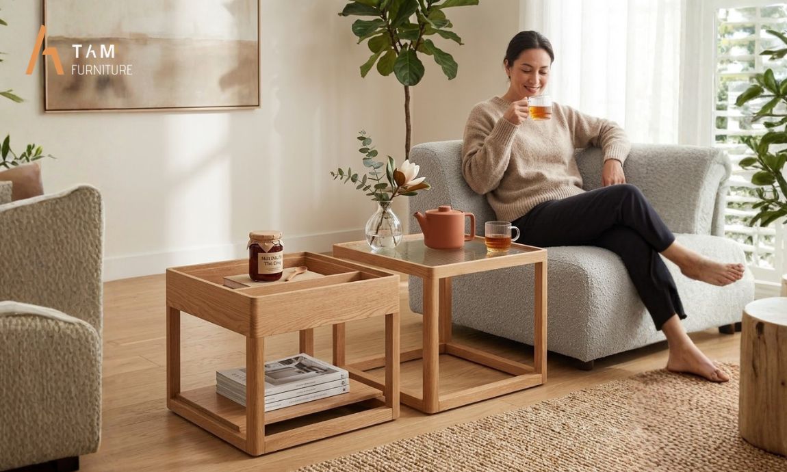 Cảm hứng Mid-century hiện đại trong thiết kế bộ bàn trà gỗ tần bì Ova