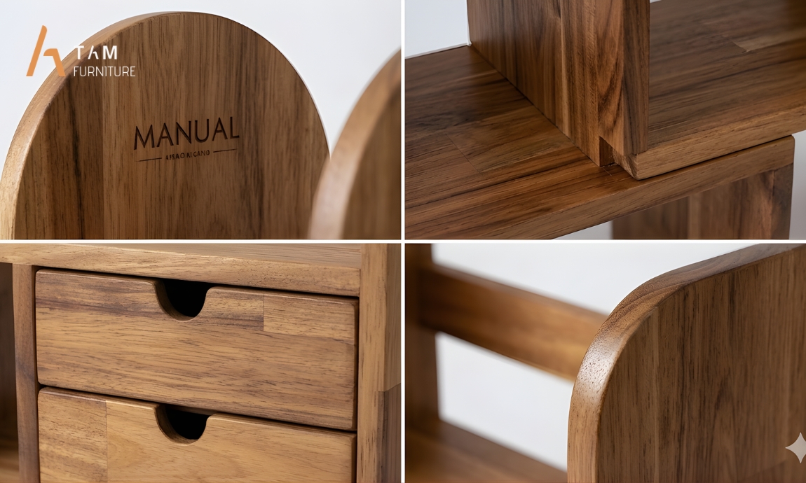 Cận cảnh chi tiết vẫn gỗ tràm kệ để bàn Miranda