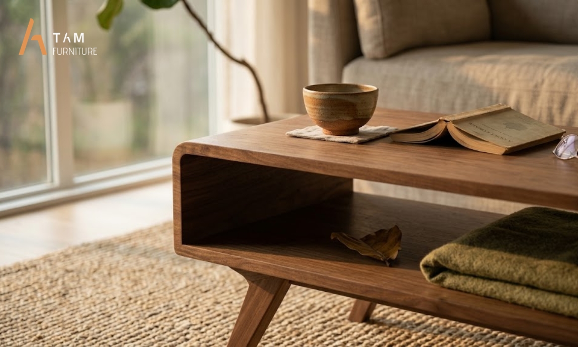 Chế tác chắt lọc từng thớ vân trên bàn sofa gỗ Hagu