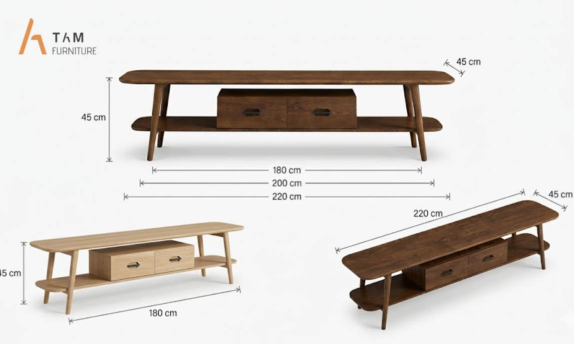 Chi tiết thông số kỹ thuật và kích thước của tủ tivi gỗ Mano