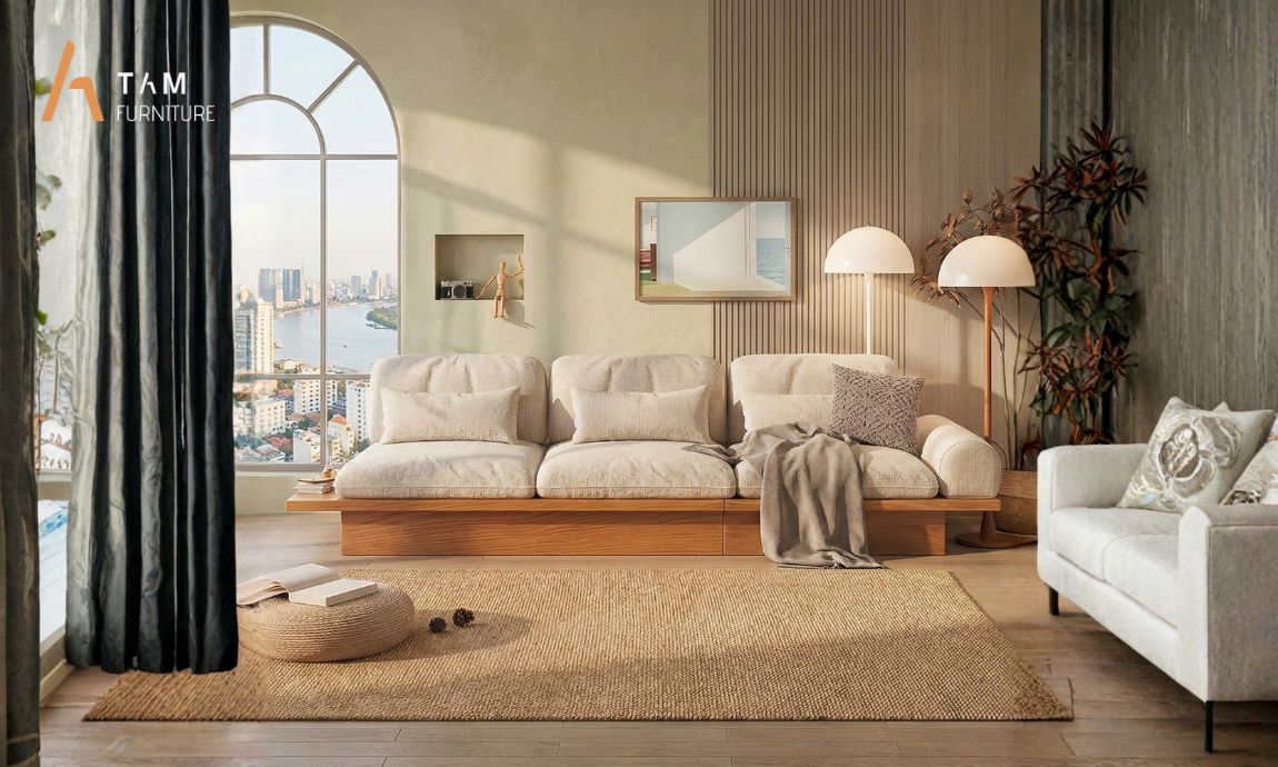 ghế sofa charming ở phòng khách căn hộ hiện đại