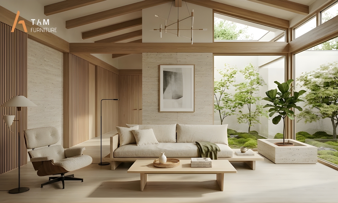 Ghế Sofa gỗ tần bì Simple trong không gian phòng khách phong cách New Mid-Century