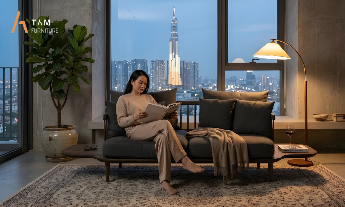 Ghế sofa gỗ tần bì Tradina đẹp, thư giãn cho phòng khách