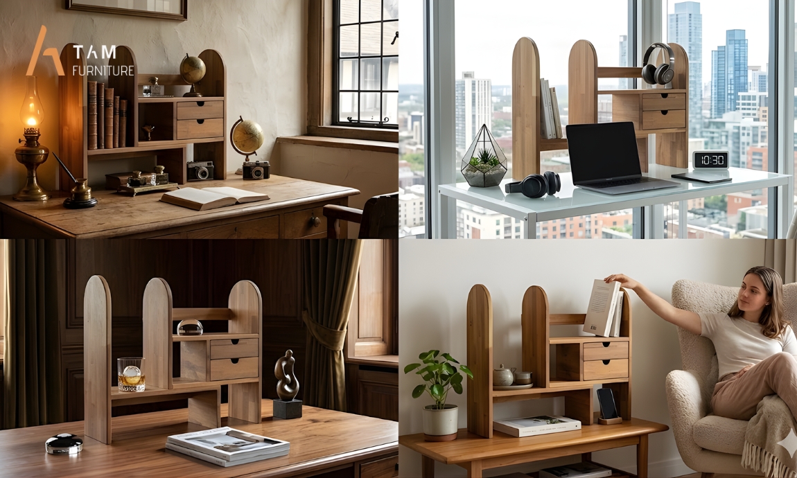 Kệ để bàn gỗ tràm Miranda giải pháp không gian đa chiều