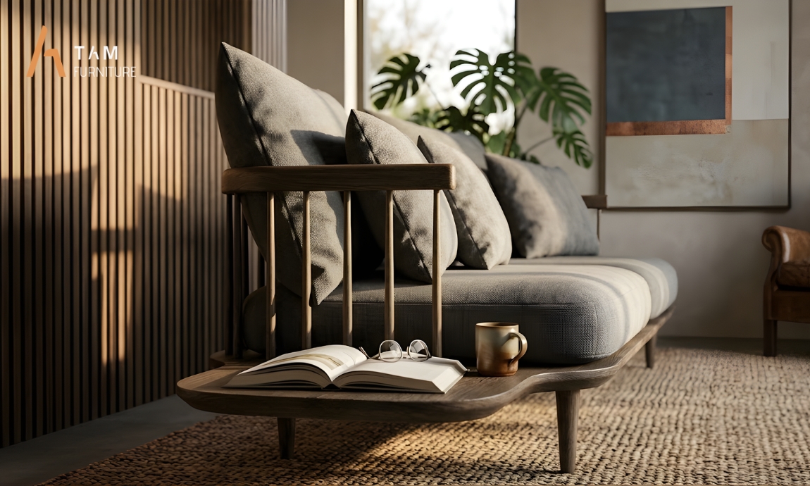 Không gian phòng khách hiện đại với ghế Sofa gỗ tần bì Tradina