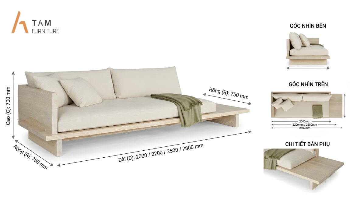 Kích thước ghế sofa gỗ tần bì Simple