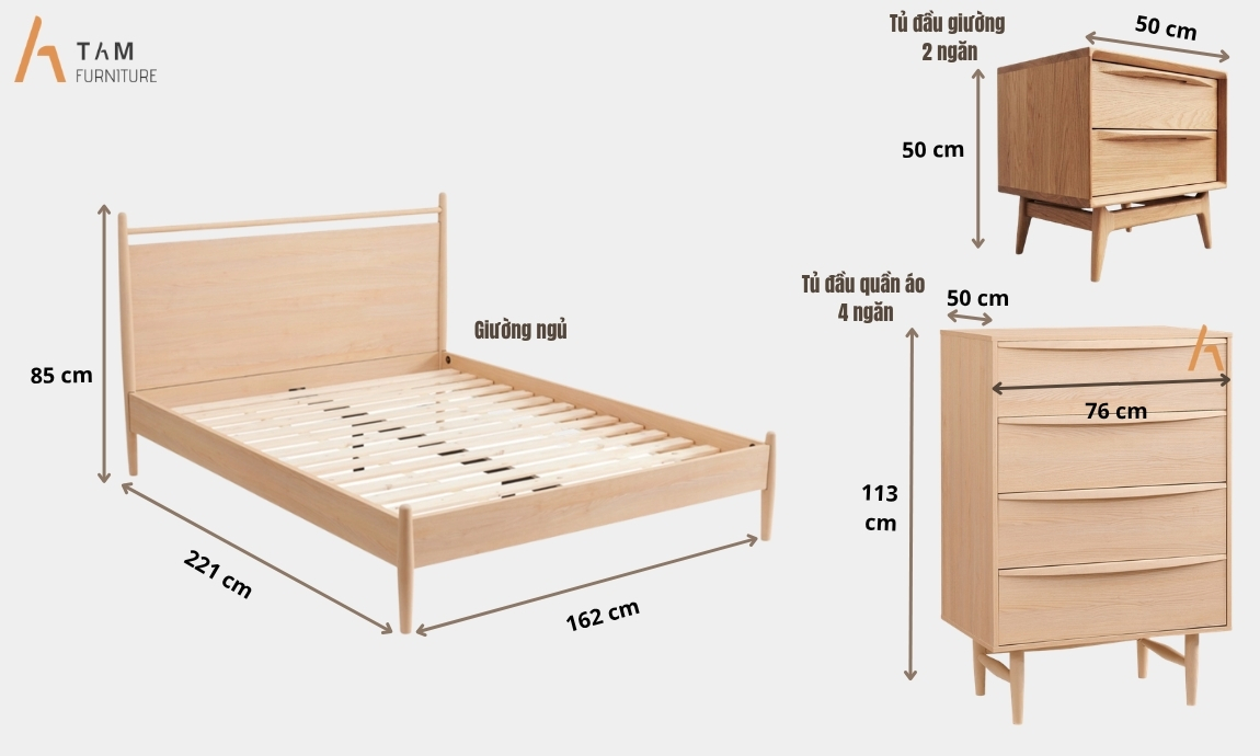 kích thước giường gỗ tần bì garin bed