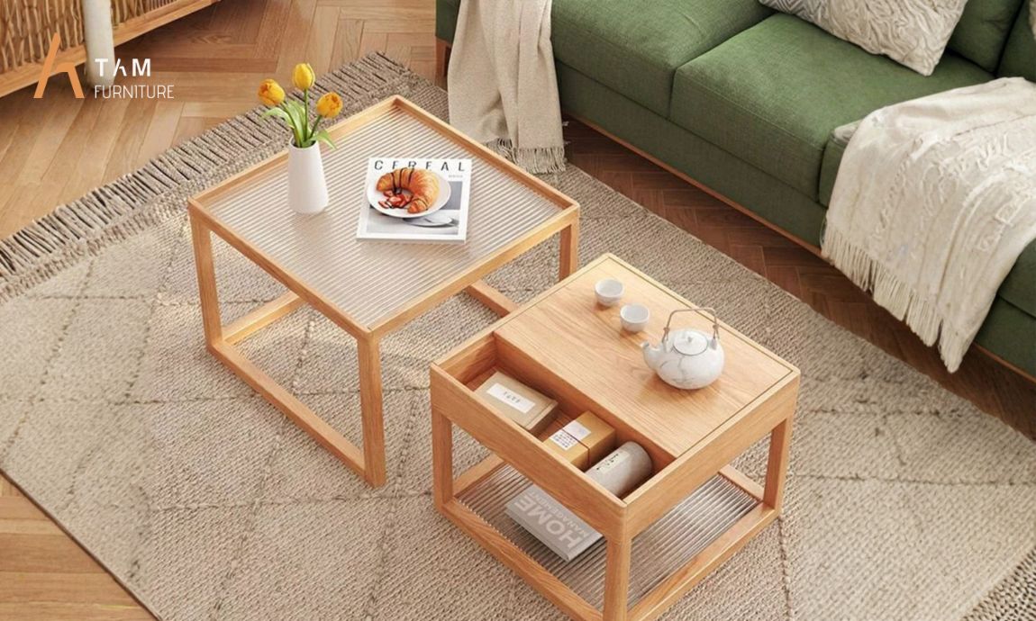 Bộ bàn trà gỗ tần bì Ova đẹp nổi bật phòng khách
