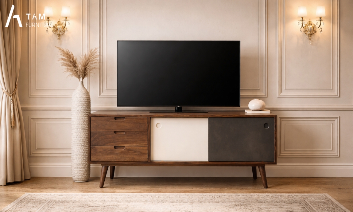 Nghệ thuật chế tác tủ tivi gỗ Savi và chất liệu gỗ quý từ TAM Furniture