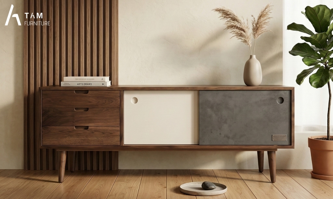 Dấu ấn thị giác từ thiết kế cánh trượt và nghệ thuật phối màu của tủ tivi gỗ Savi