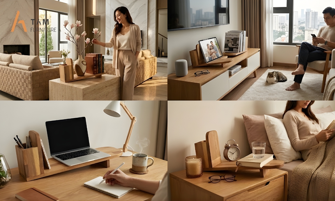 Ứng dụng thực tế kệ để bàn gỗ tràm Xenia