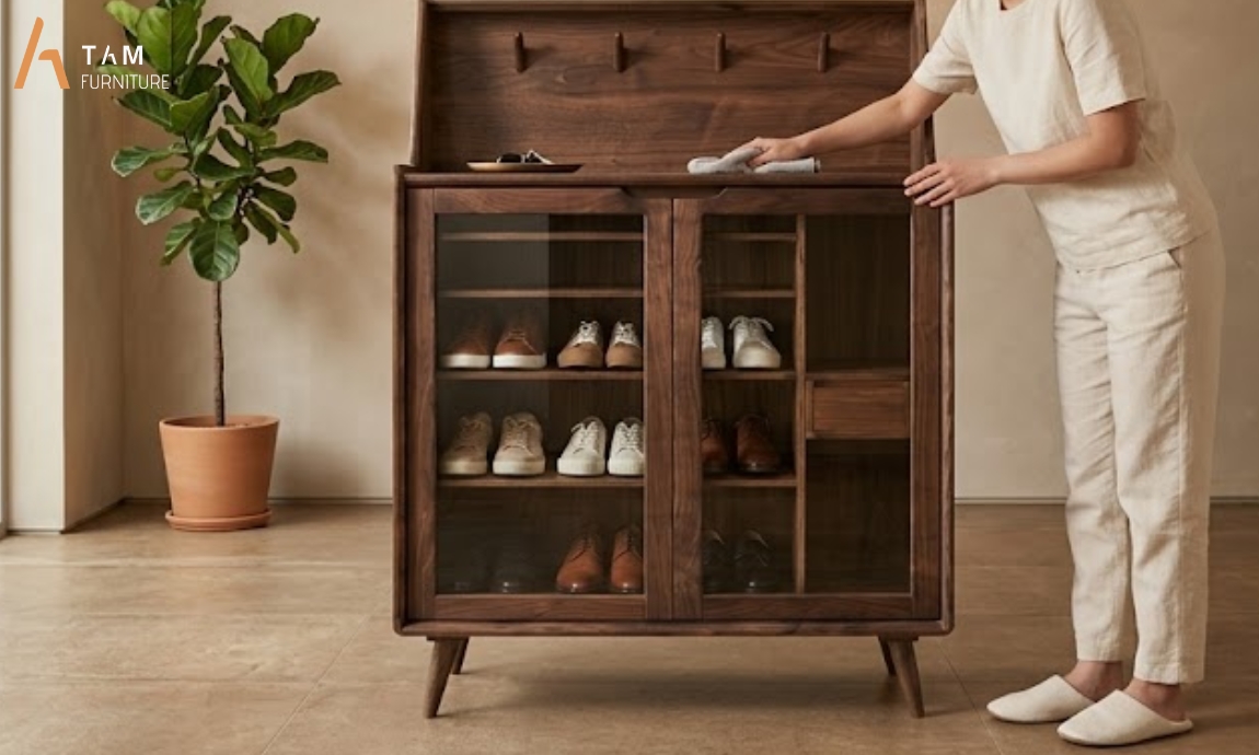 vệ sinh và bảo quản tủ giày gỗ baca