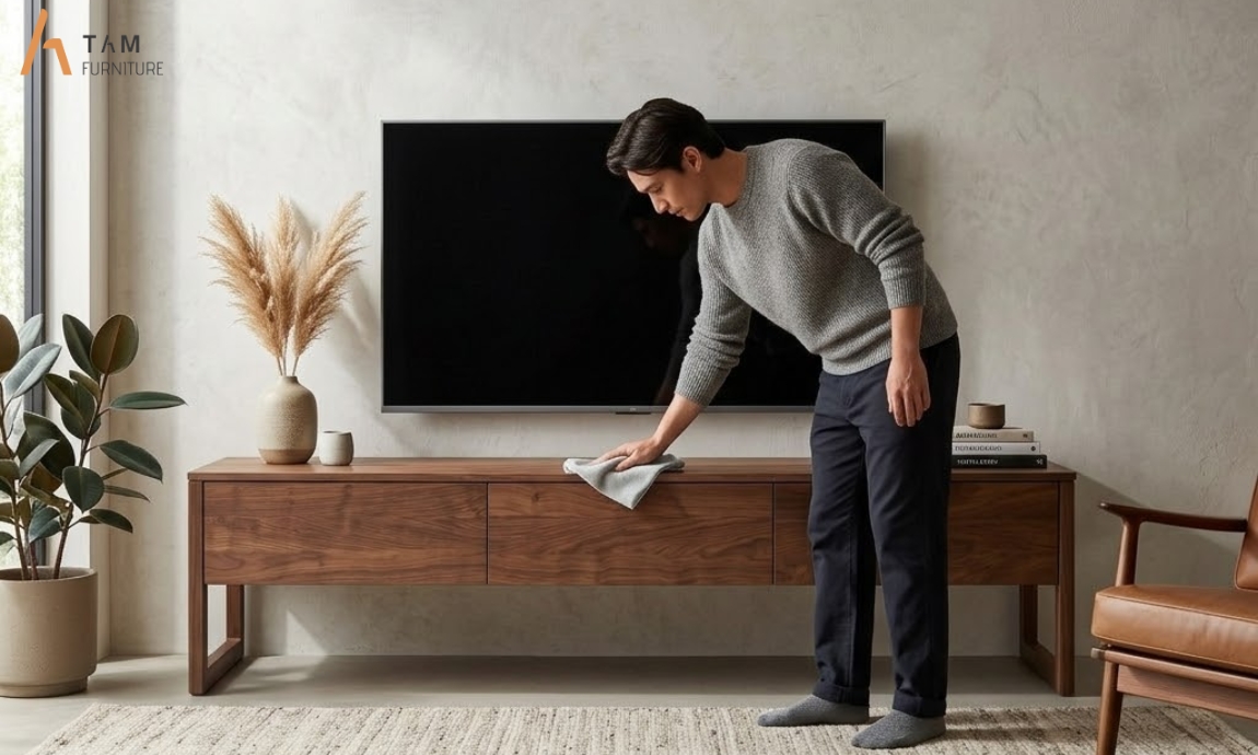 vệ sinh và bảo quản tủ tivi gỗ genji
