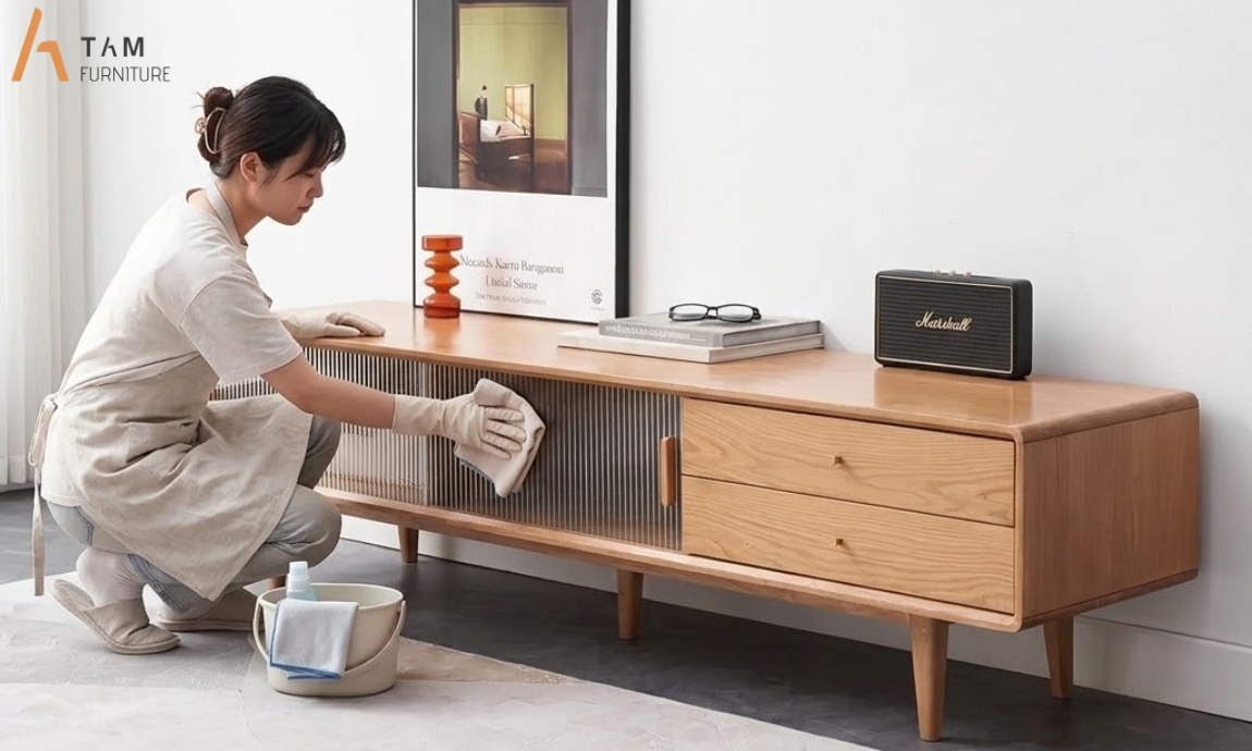 vệ sinh và bảo quản tủ tivi gỗ kona