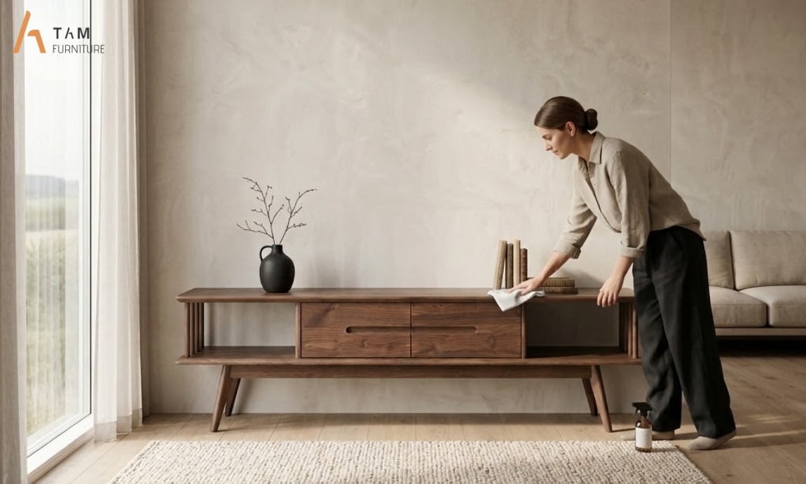 vệ sinh và bảo quản tủ tivi gỗ kony