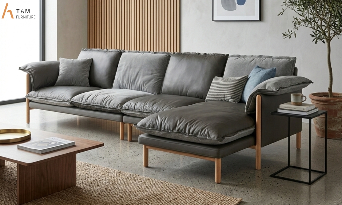 Sofa gỗ tần bì chữ L phong cách Mid-Century hiện đại tinh tế đẹp