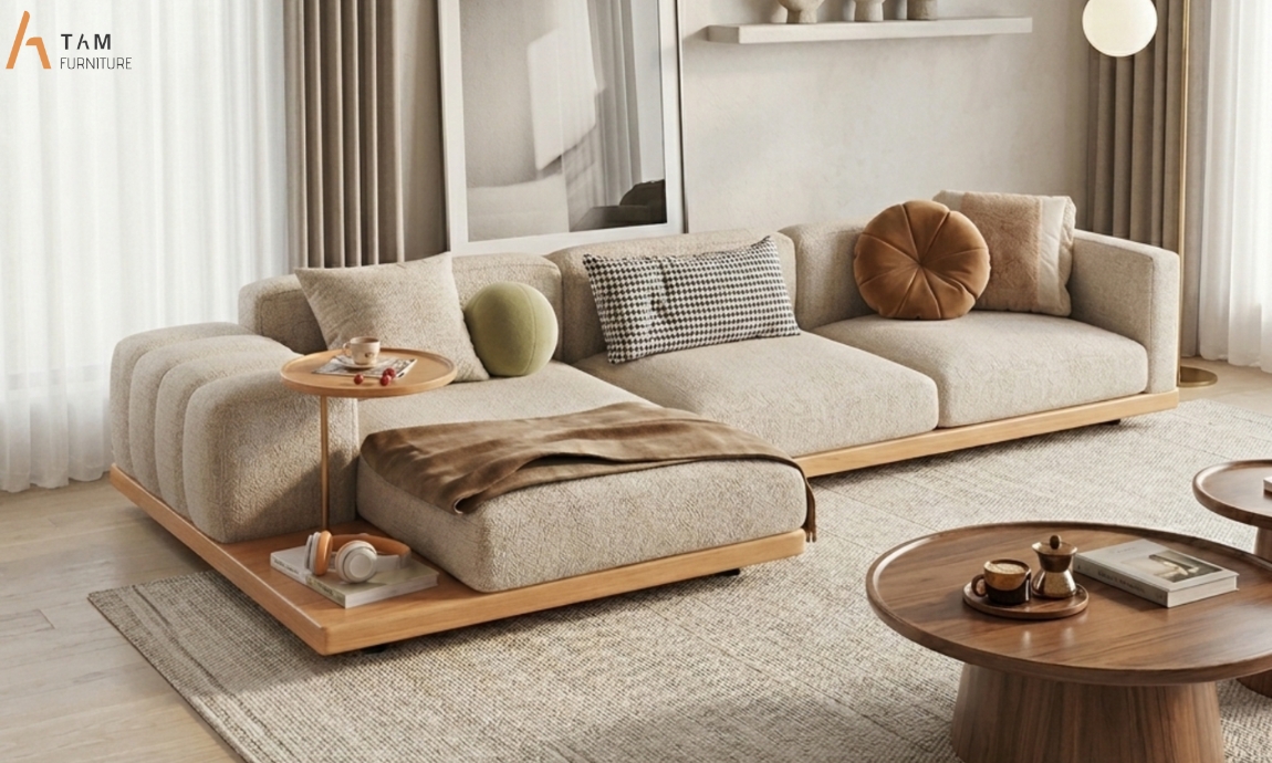 Sofa gỗ tần bì chữ L phong cách Mid-Century hiện đại tinh tế