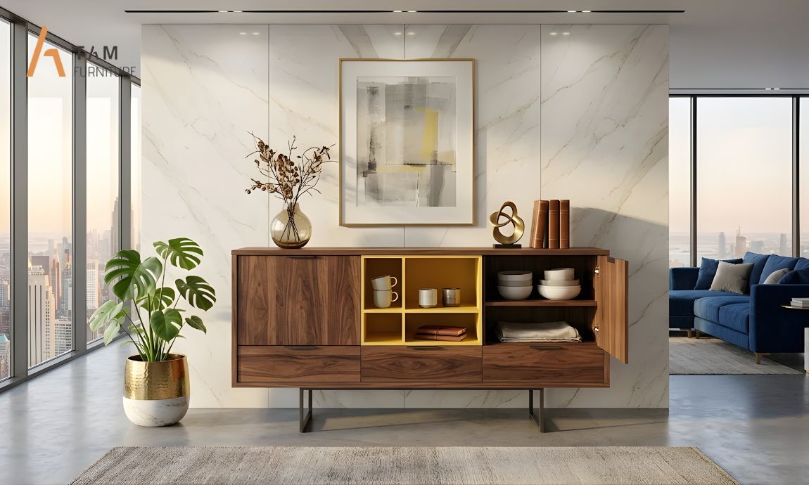 Tủ Console gỗ óc chó chân kim loại mang đậm hơi thở đương đại