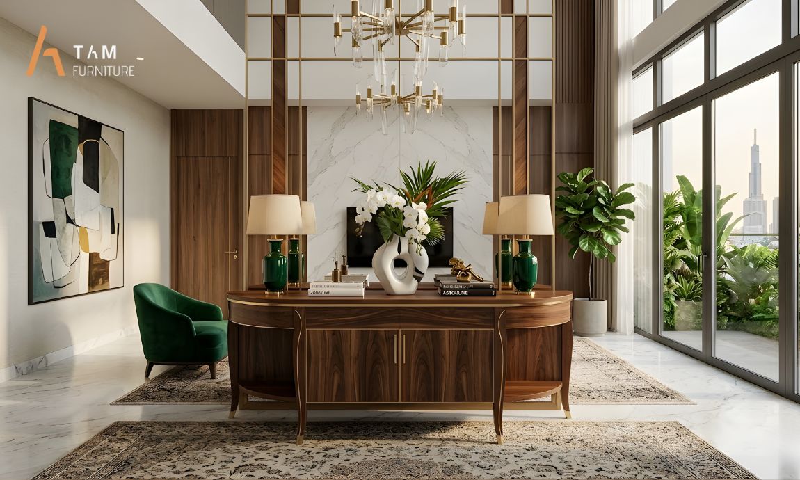 Tủ Console gỗ óc chó dáng bán nguyệt giải phóng không gian tinh tế