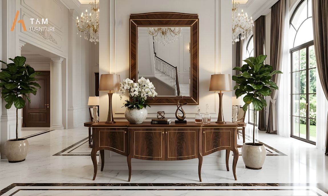 Tủ Console gỗ óc chó decor sảnh/đặt gương mở rộng không gian