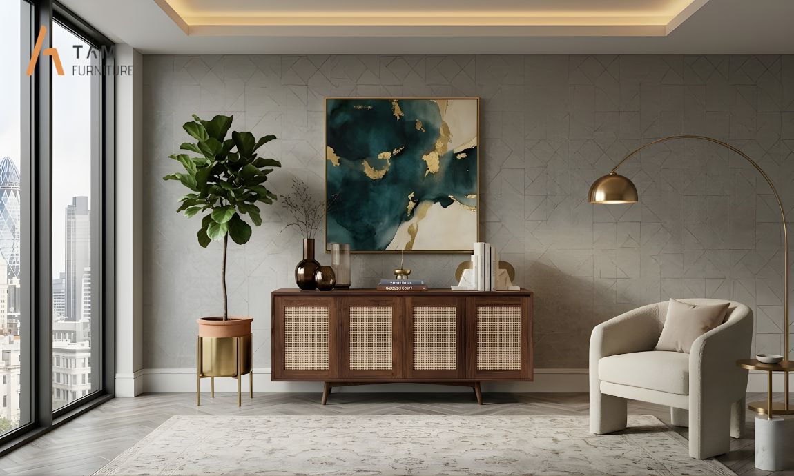 Tủ Console gỗ óc chó phong cách Indochine giao thoa hoài niệm