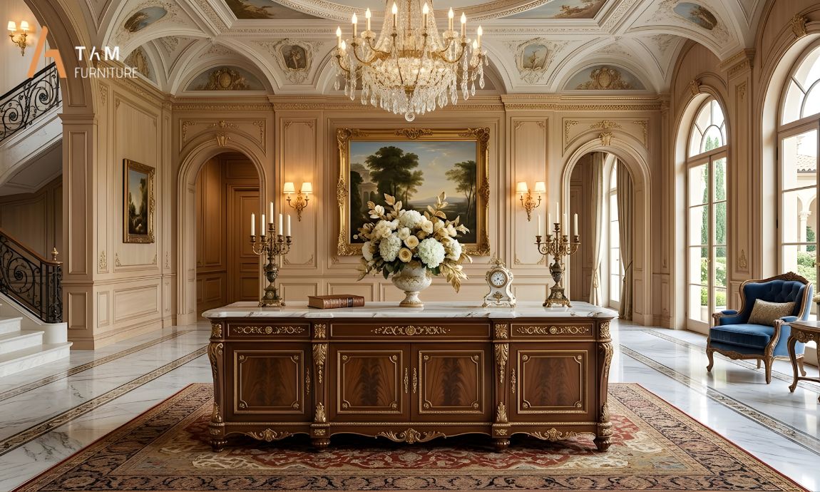 Tủ Console gỗ óc chó tân cổ điển mang dấu ấn bề thế sang trọng