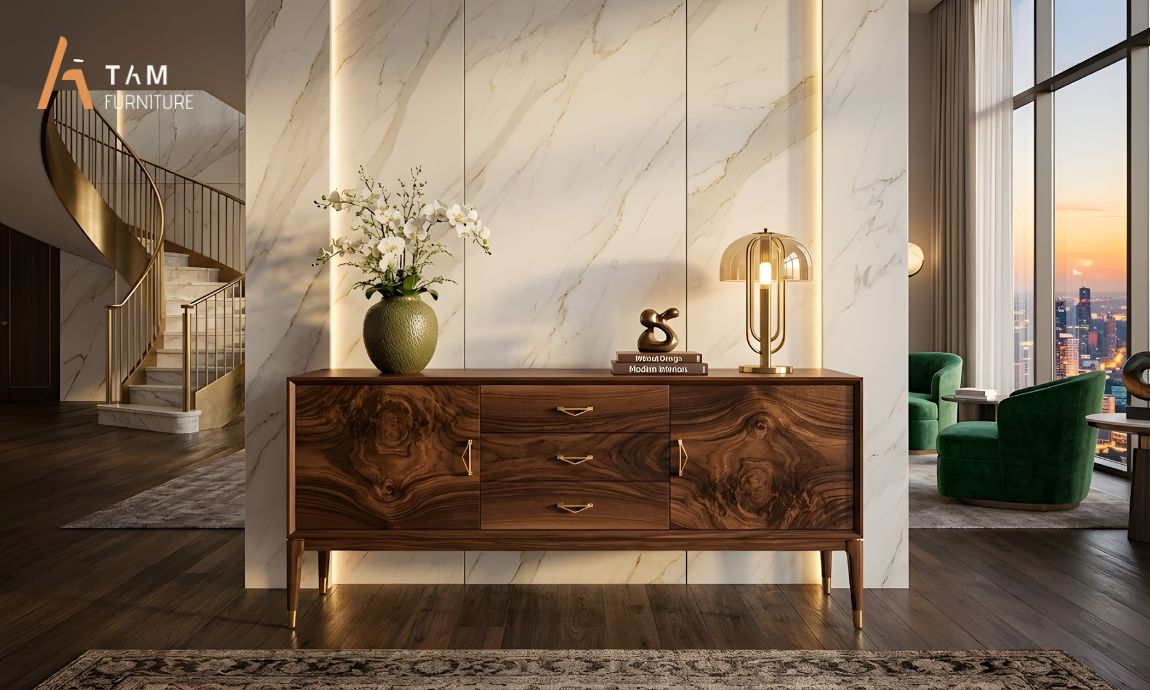 Vẻ đẹp đẳng cấp từ màu sắc và vân gỗ độc bản tủ Console gỗ óc chó